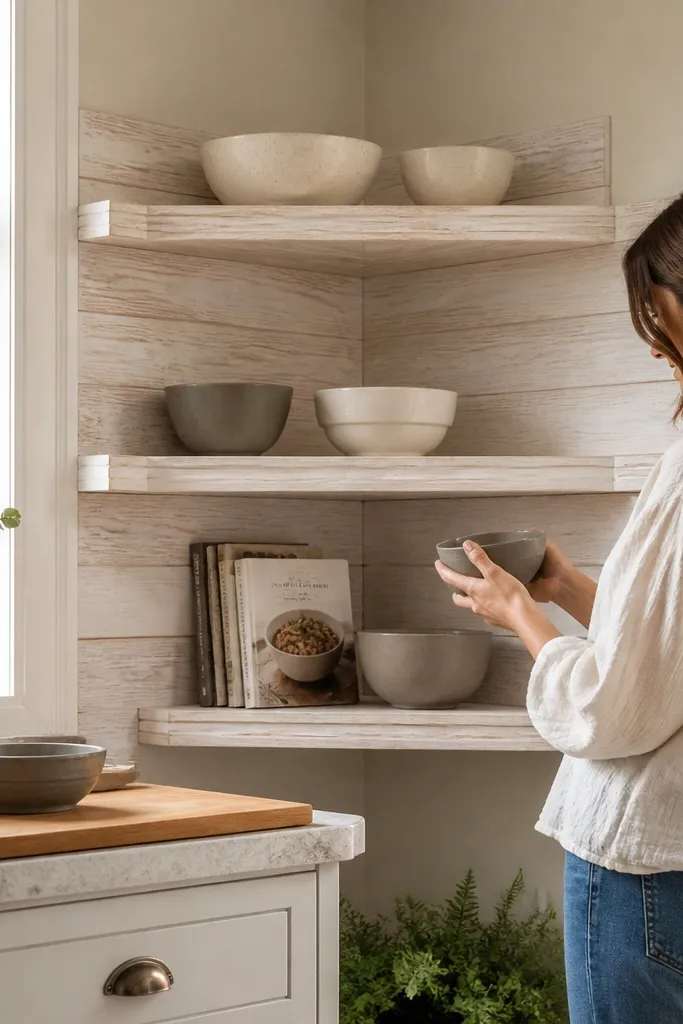 Corner shelf boards arranged like shiplap with a whitewashed wood look.