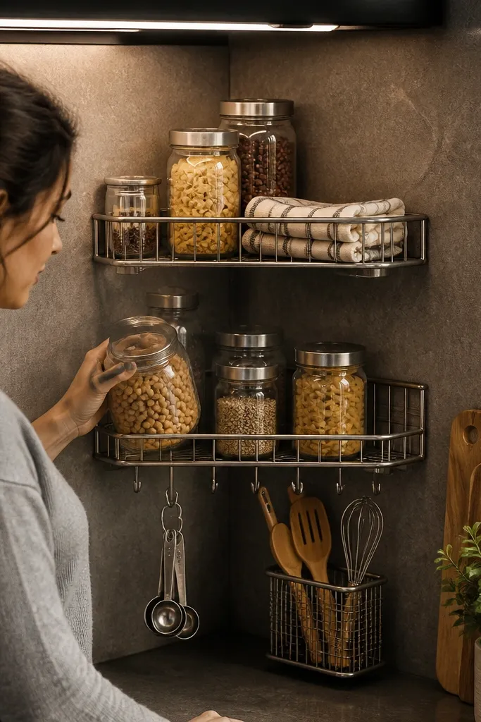 Corner shelves with wire baskets and small front hooks for utensils.