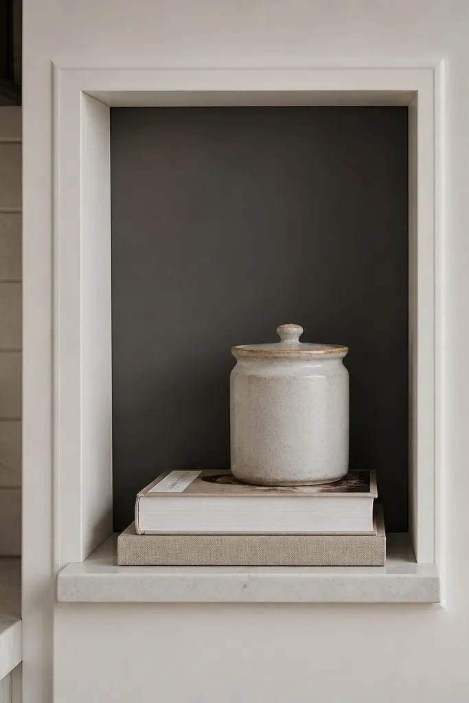 Small recessed corner shelf niche with a thin back panel and clean edges.
