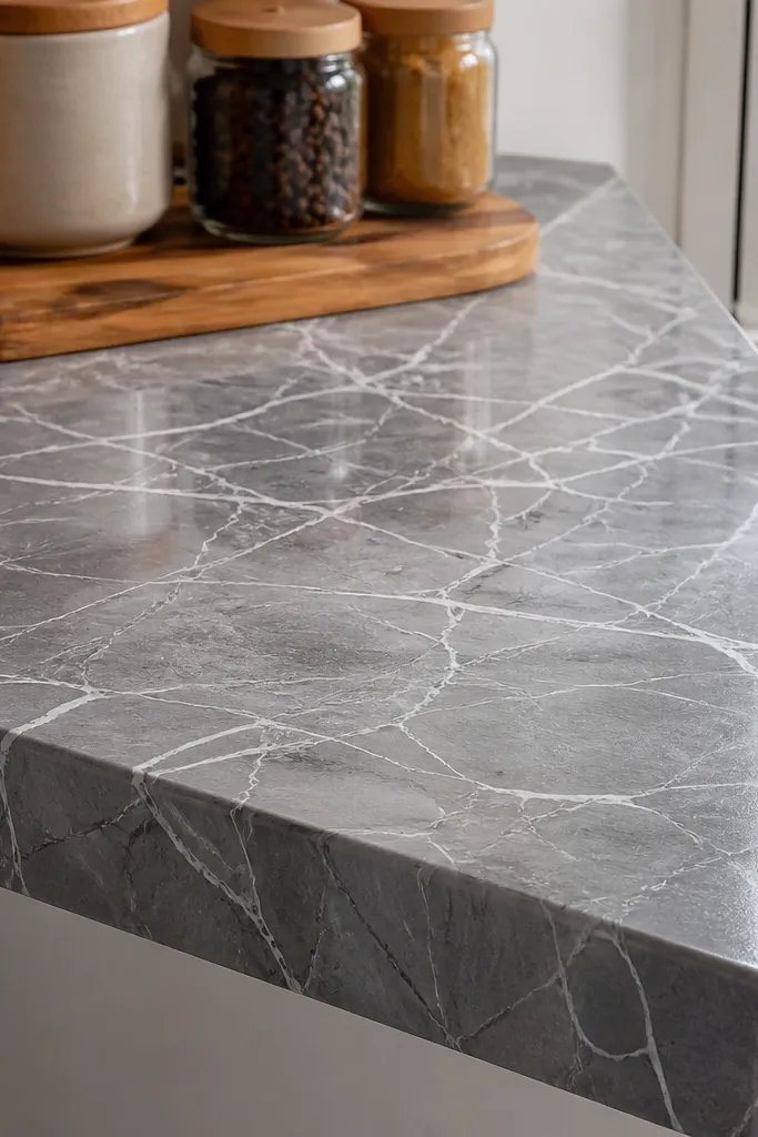 Corner shelf with a marble-look top and simple wood sides.