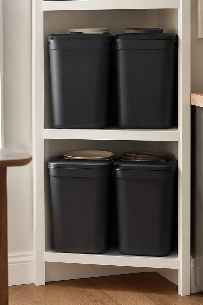 Corner shelves with two cubbies holding lidded bins in matching colors.