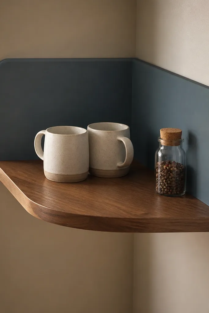 Wood corner shelf with a painted accent back panel in a muted color.