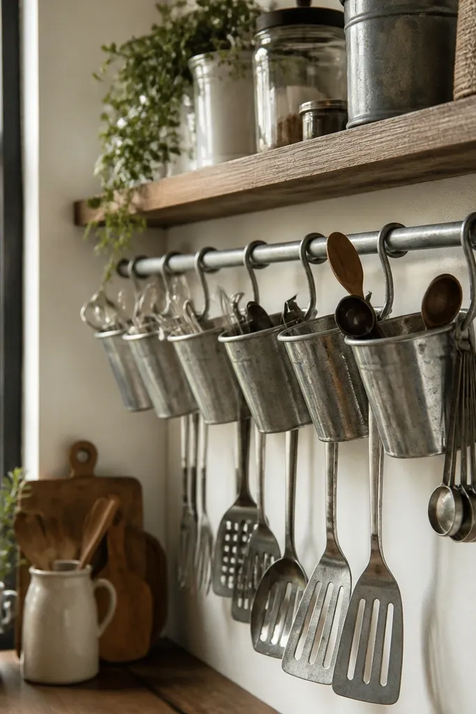 Corner shelf with a row of small galvanized cups mounted under a rail.