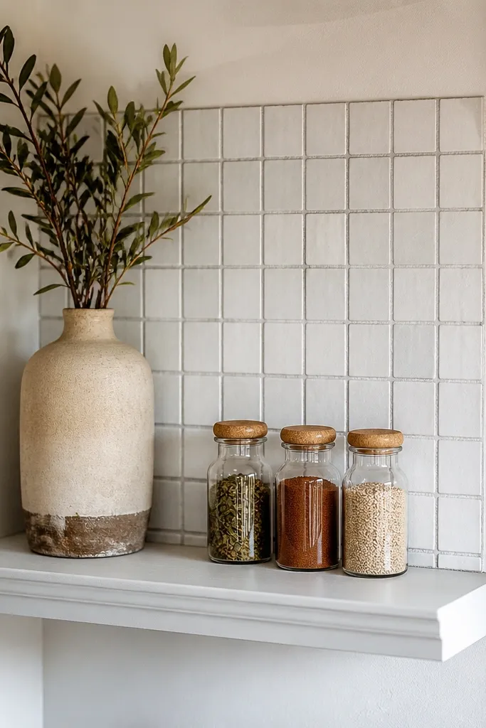 Corner shelf with a small tiled back panel and white shelf board.