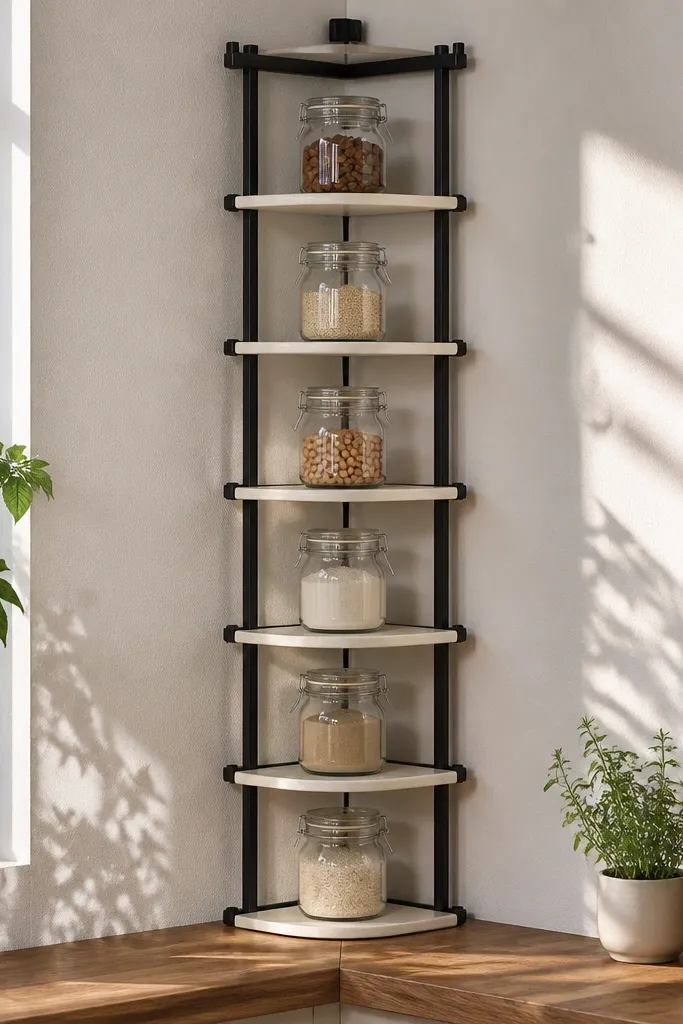 Narrow stacked corner shelves with consistent gaps for jars.