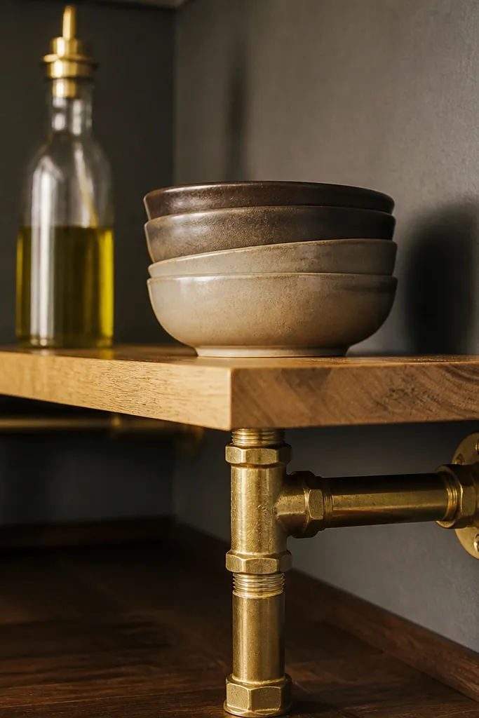 Corner shelf held by a small brass pipe frame with two shelf boards.
