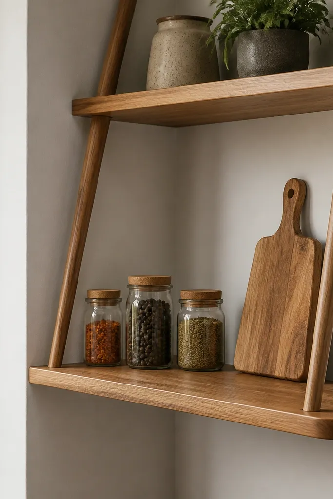 Corner shelf mounted with tapered wooden dowels as supports.