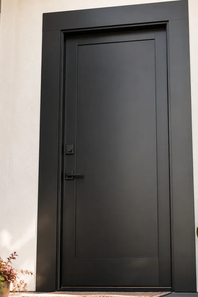 Matte black door with thick flat trim and a black lever handle