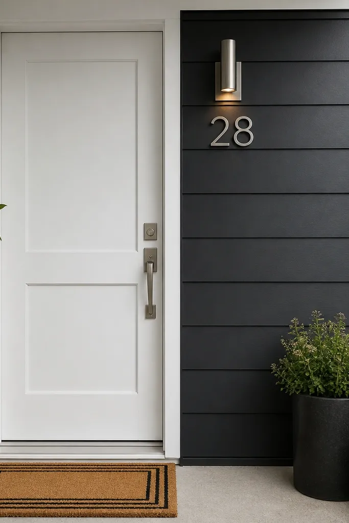 White door with charcoal vertical panel lines and matte black handle