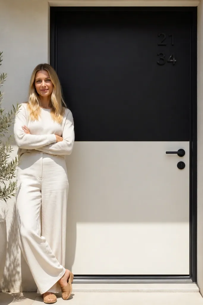 Door split horizontally with matte black top and warm off-white bottom