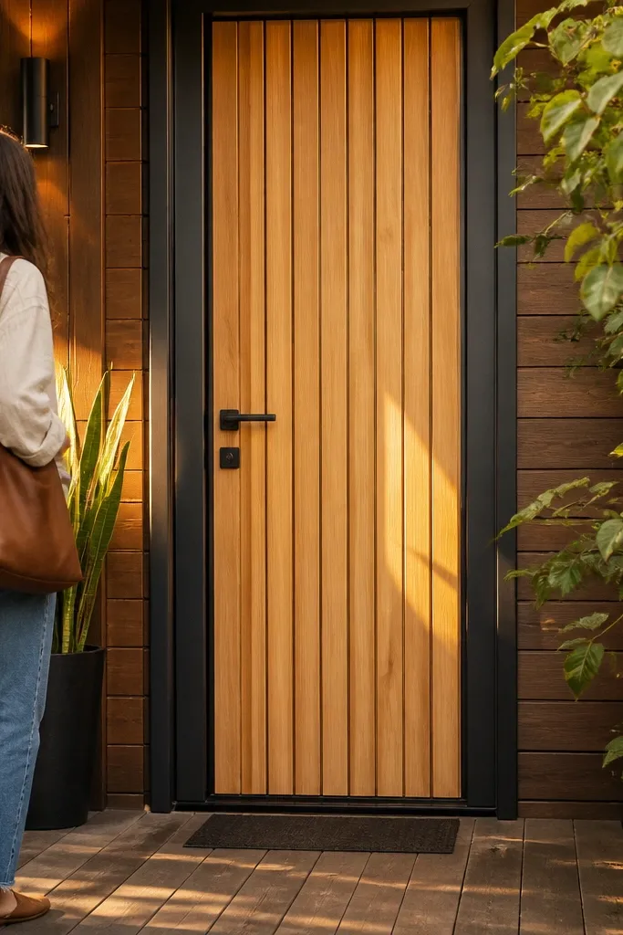 Door with vertical wood slats and a clear satin finish