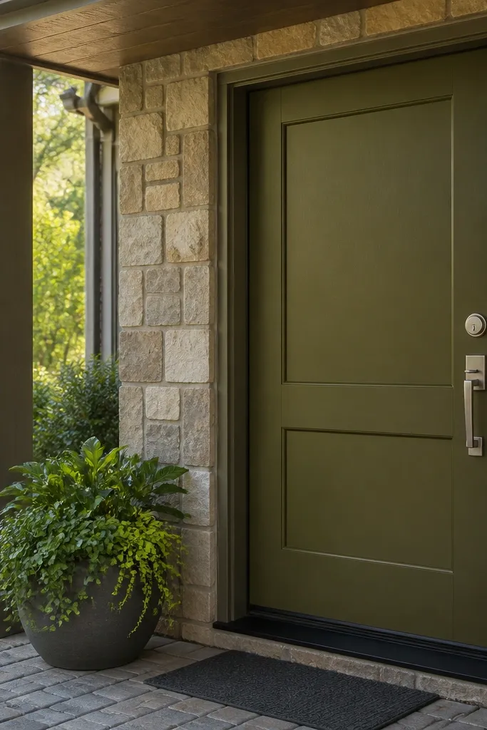 Matte olive door with brushed nickel handle and clean trim