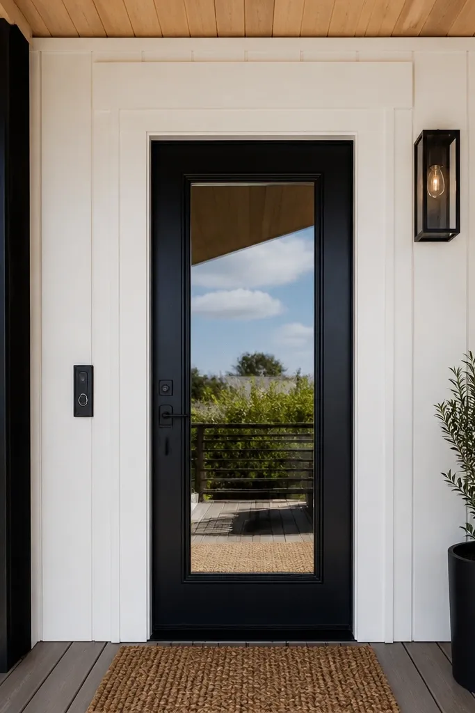 Black door with a clear glass rectangle insert and slender trim