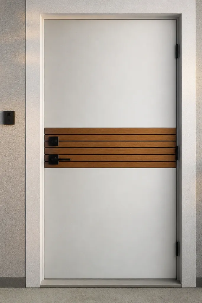 White door with a single horizontal wood slat band and black handle