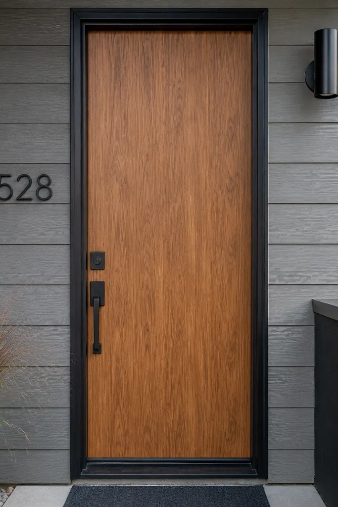 Gray door with a wood veneer rectangle framed in black trim