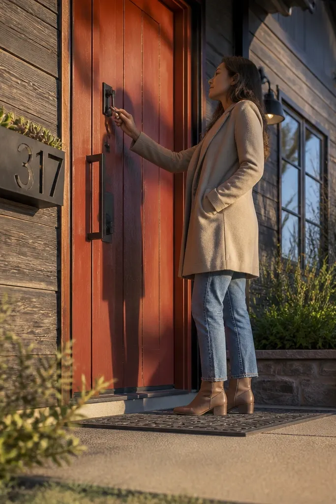 Rust red door with modern steel house numbers and black handle