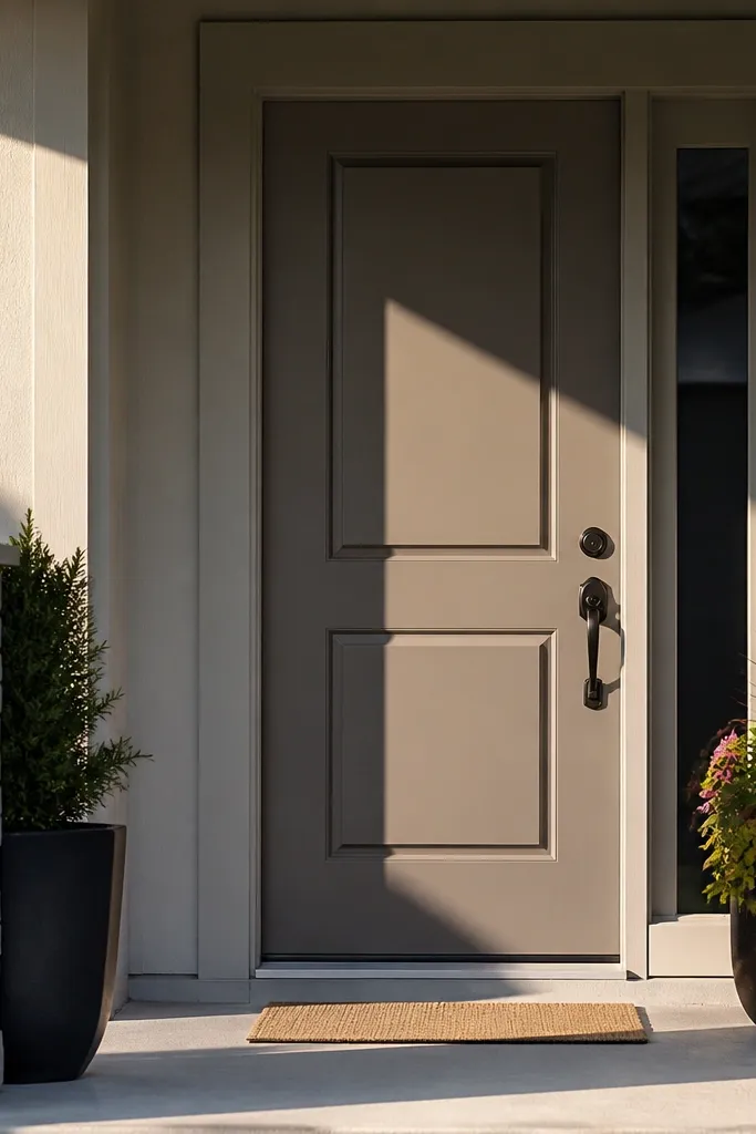 Door with a raised middle rectangle panel and modern black hardware