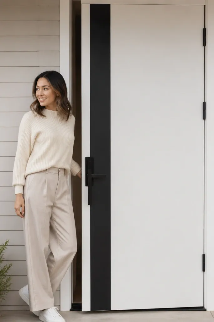 White door with a black vertical accent strip near the hinges