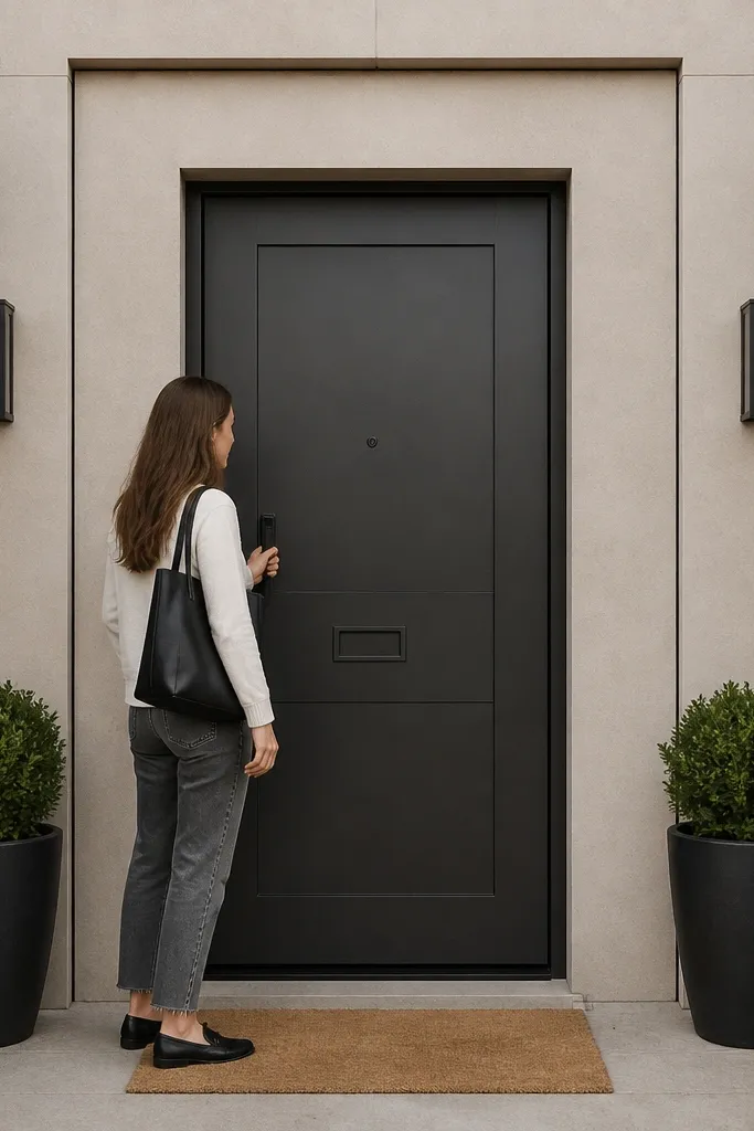 Charcoal door with wide trim surround and visible shadow gap