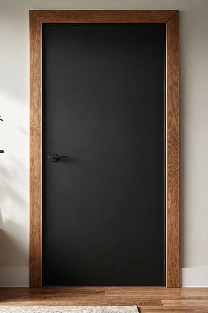 Wood-framed door with a black center panel and brass or black hardware