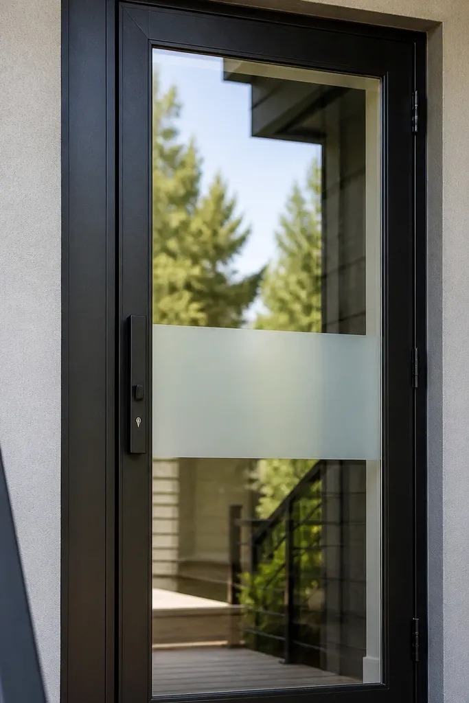 Door with clear glass and a frosted horizontal stripe outlined in black