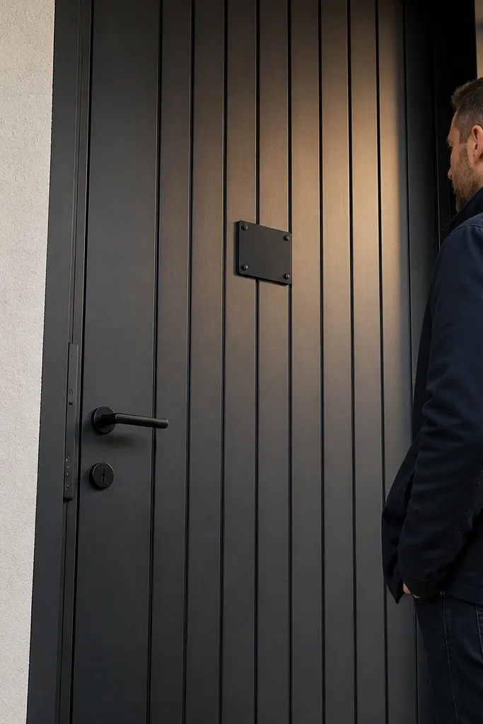 Charcoal door with vertical recessed grooves and minimal hardware