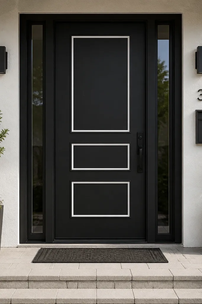 Black door with white floating border panels and slim hardware