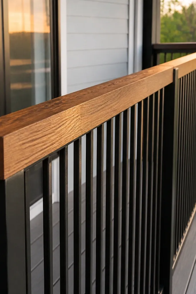 Black vertical metal bars with a warm wood top rail along a balcony edge