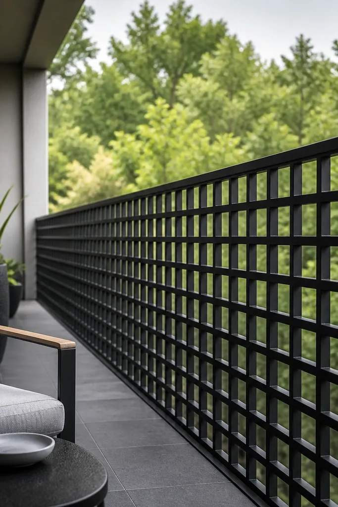 Black square grid railing panels with small repeating squares