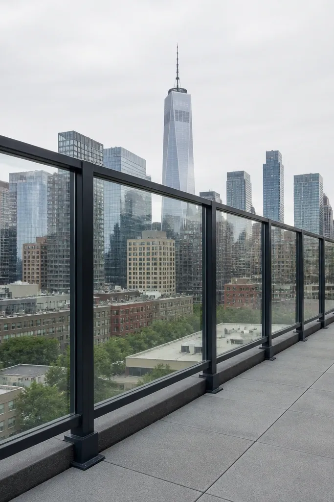 Black-framed clear panels between balcony posts