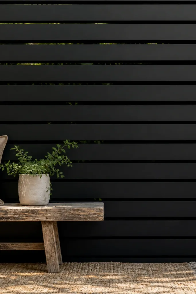 Matte black horizontal metal slats across balcony railing