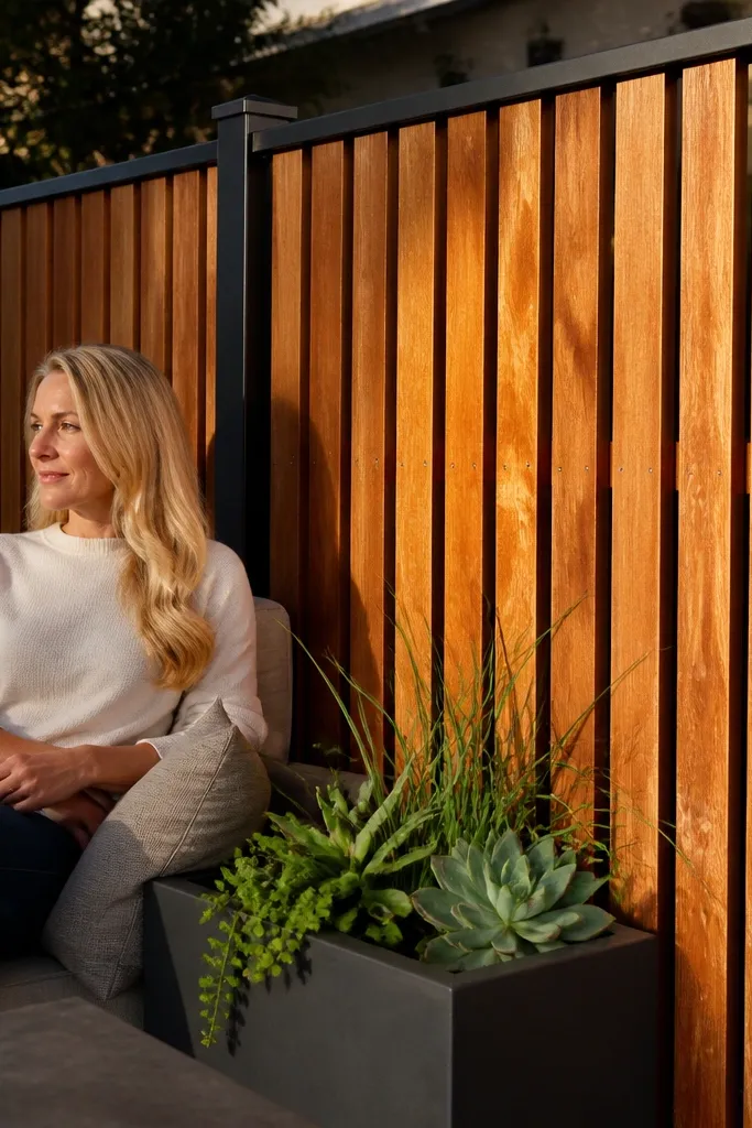 Black metal posts with vertical wood slats filling the railing
