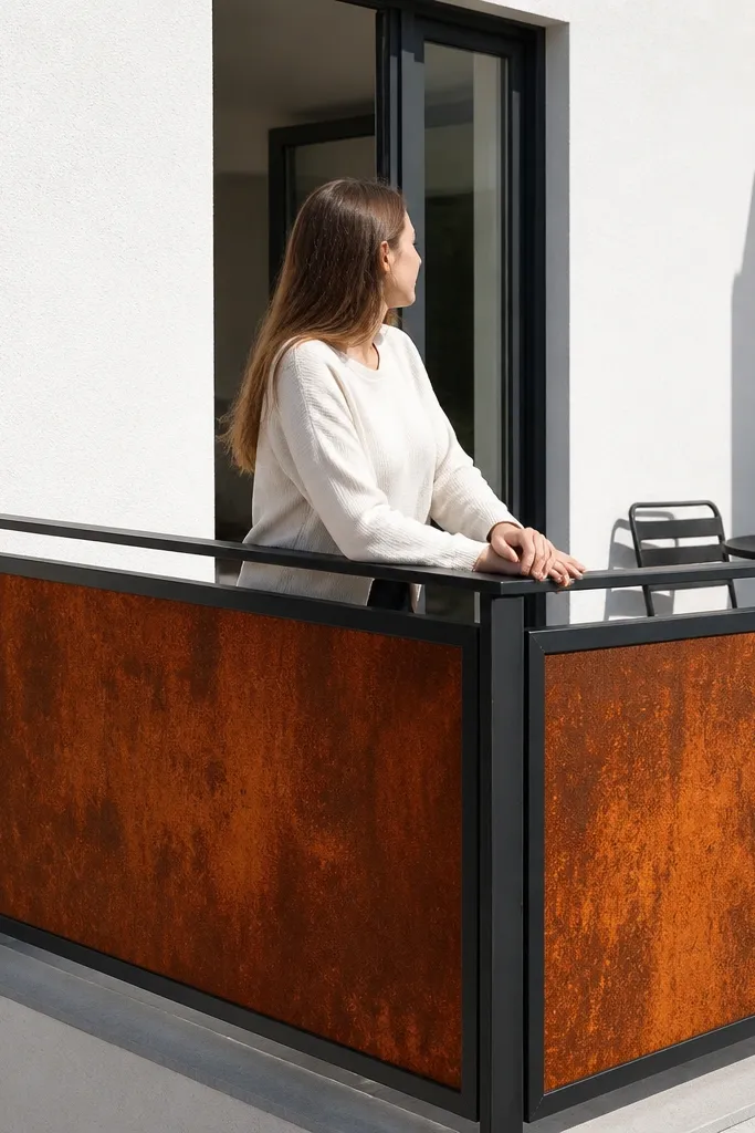 Rust-toned metal infill panels with a dark top cap