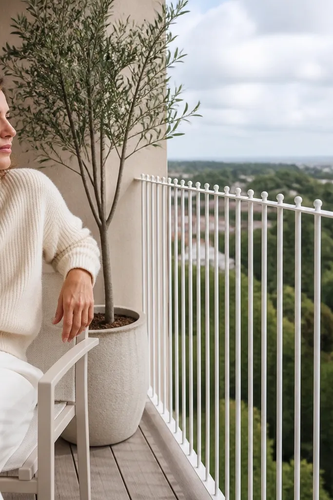 White railing with slim vertical bars and rounded top edges