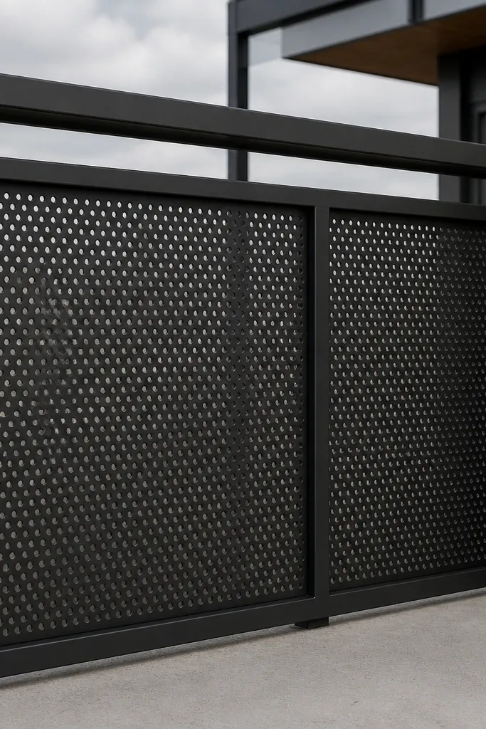 Matte black perforated metal sheet framed between balcony posts