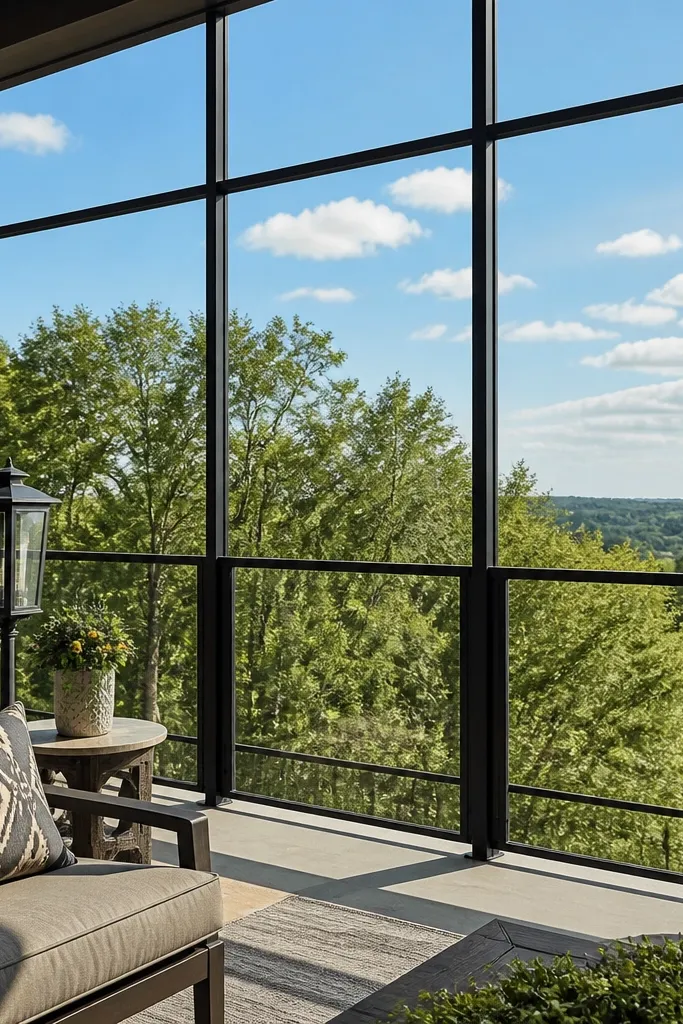 Black grid mullions holding clear panels between balcony posts