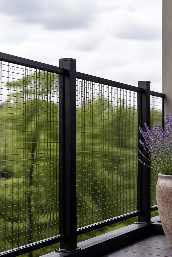 Slim black steel frame with horizontal wire mesh panel infill
