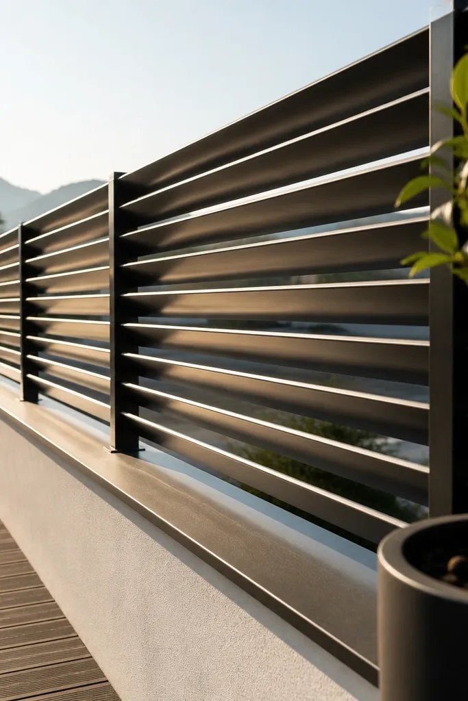 Black angled flat bars creating a louvered pattern on the balcony railing