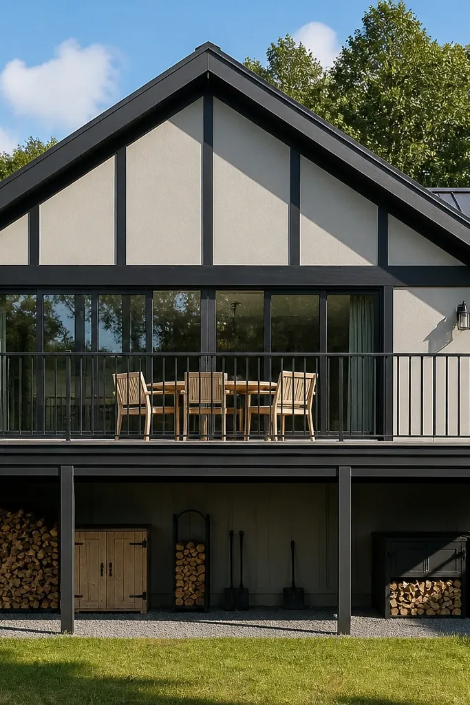 Black geometric infill panels with diagonal corner braces between balcony posts