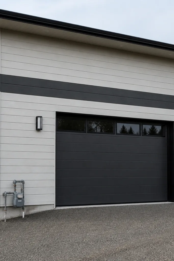 White and charcoal facade with a straight horizontal band above the garage