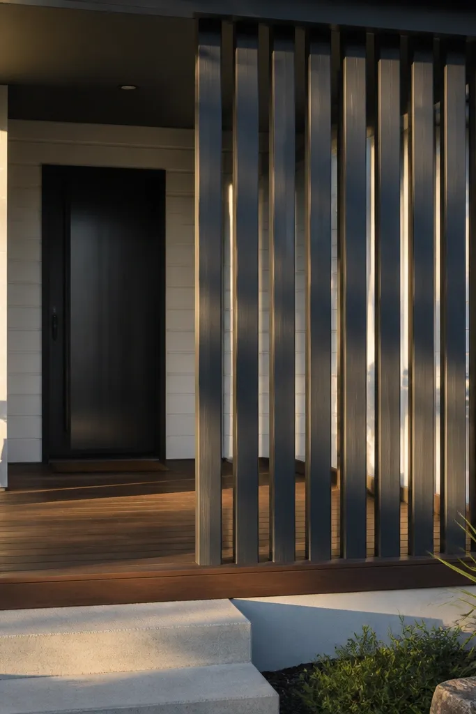 Dark slat privacy screen framing a front porch with a modern door