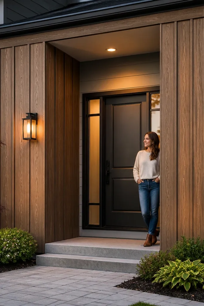 Vertical board-and-batten accent strip in warm wood tones on a front facade