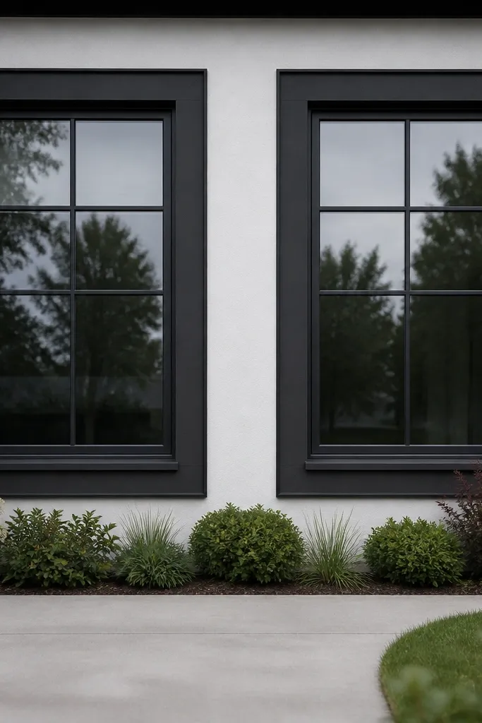 Two front windows with clean black frames and even gaps around the trim