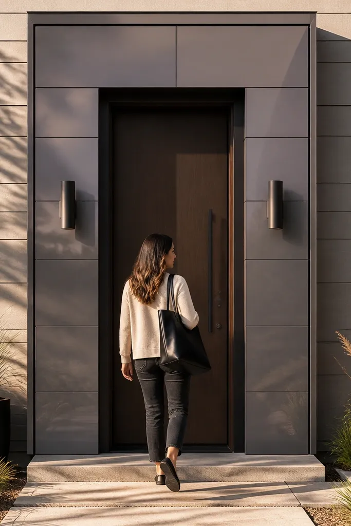 Door surrounded by flat-panel cladding in the same tone as the facade