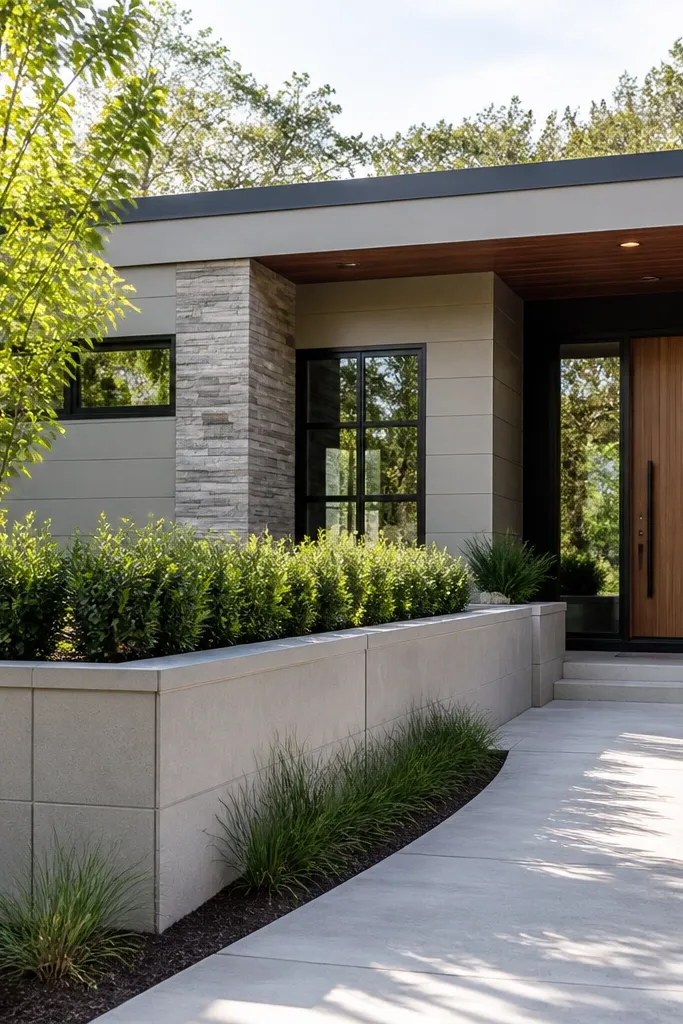 Low rectangular planter wall with modern lines along the front facade
