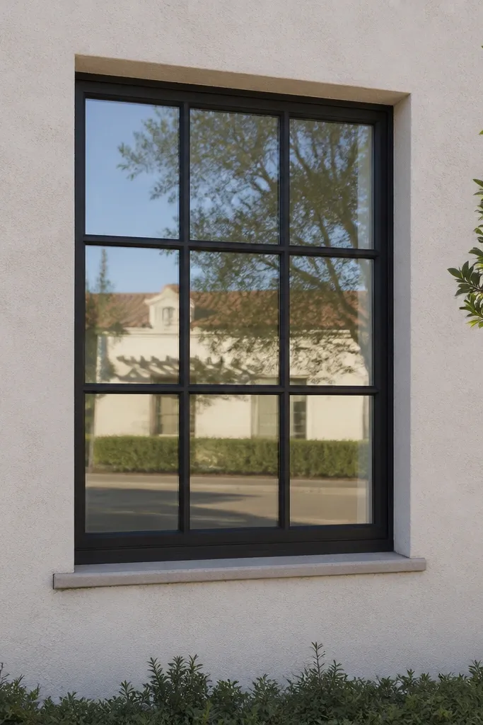 Light stucco facade with dark vertical and horizontal window mullion lines