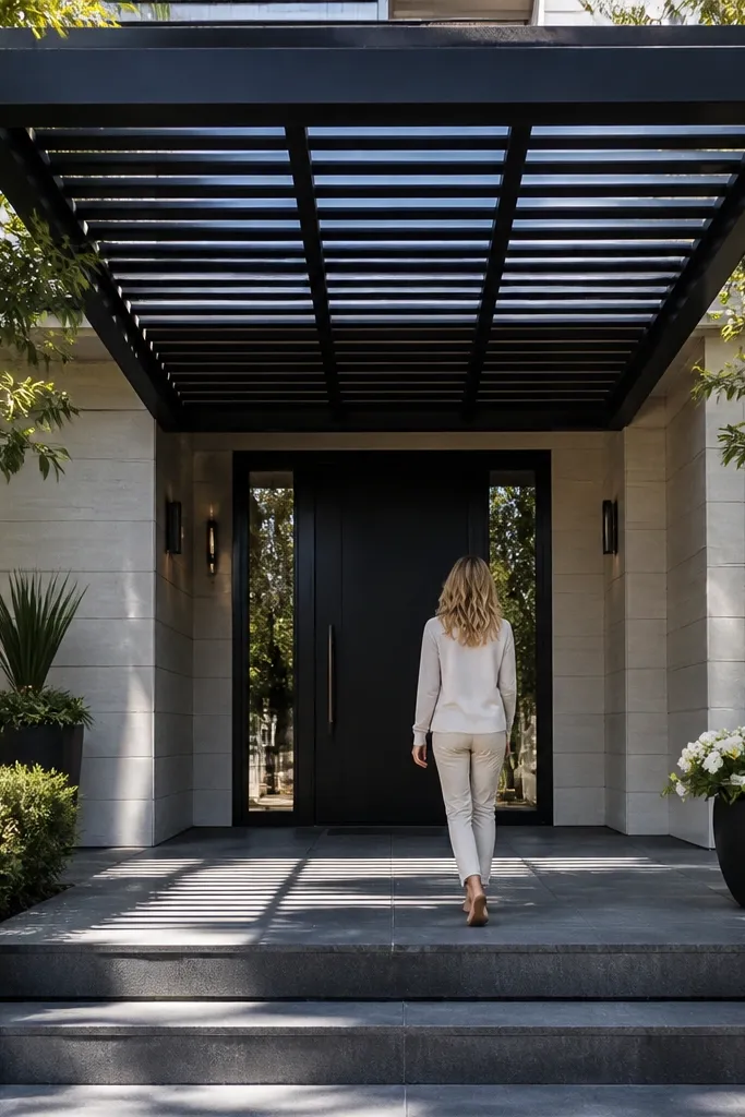 Flat-entry pergola frame with evenly spaced slats above a modern door