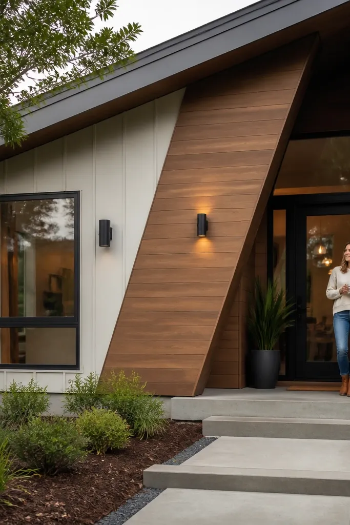 Modern diagonal accent panel on the facade with clean edges and dark trim