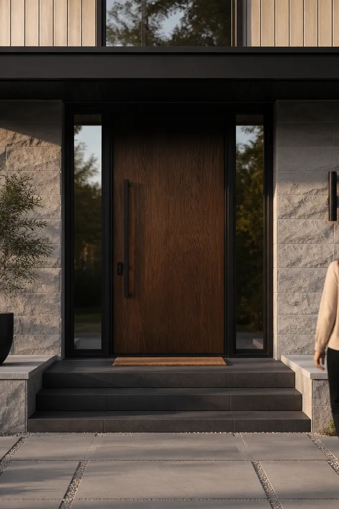 Modern stone veneer base around the entry steps and door area