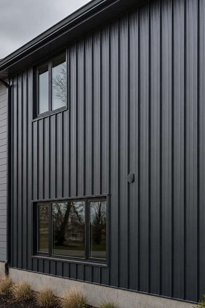 Vertical rib metal panels on one facade section with clean trim edges